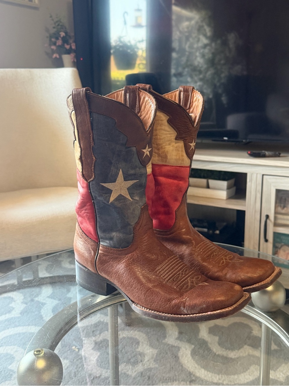 Vaccari Men's Brown Leather Cowboy Boots with Texas  Flag Accent
